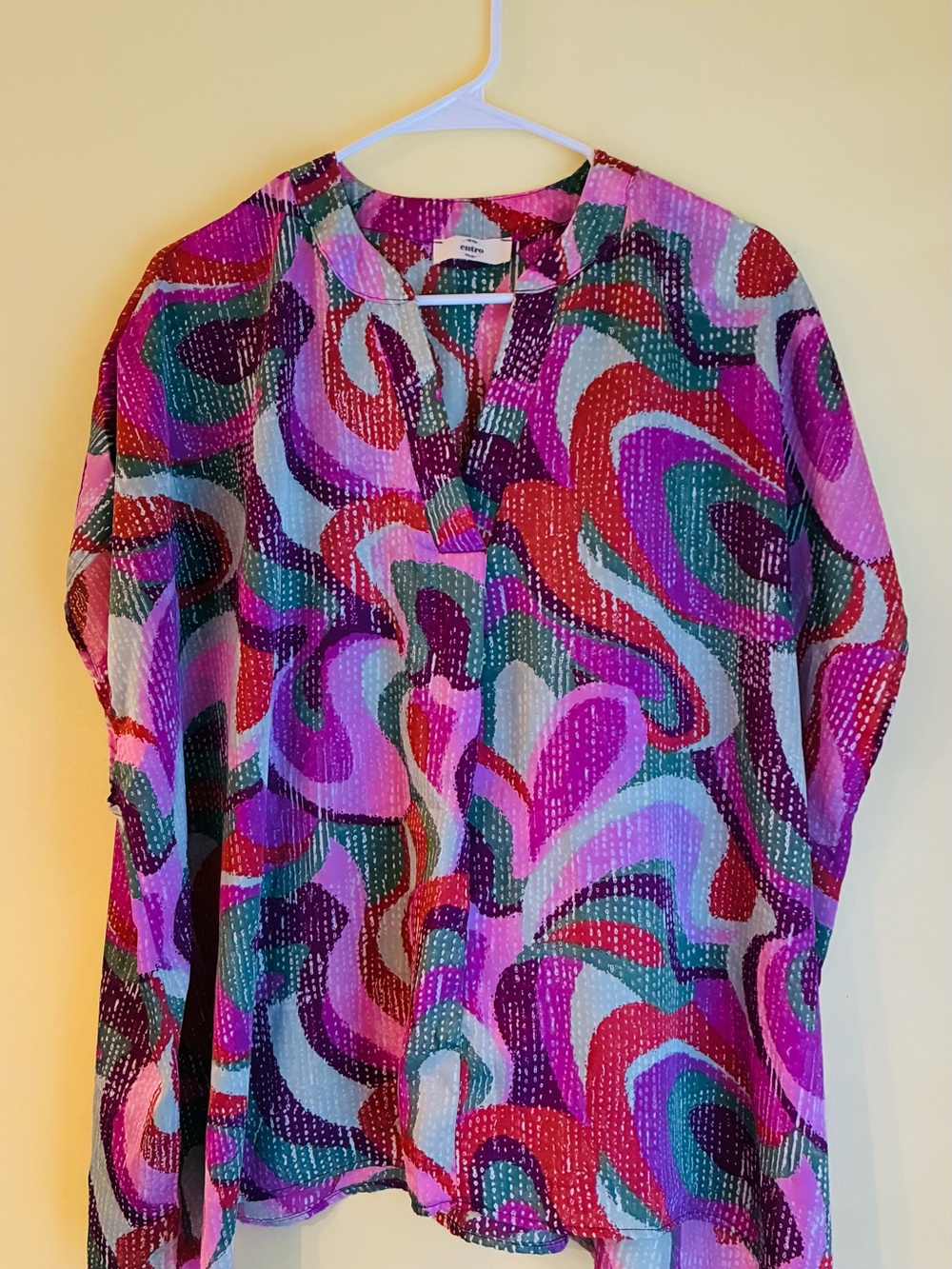 entro Multicolor Abstract V-Neck Tunic - Pink, Red, Teal